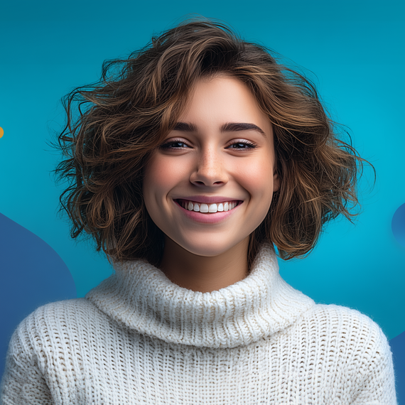 Woman with short brown hair, wearing a white turtleneck, smiling broadly against a blue background.