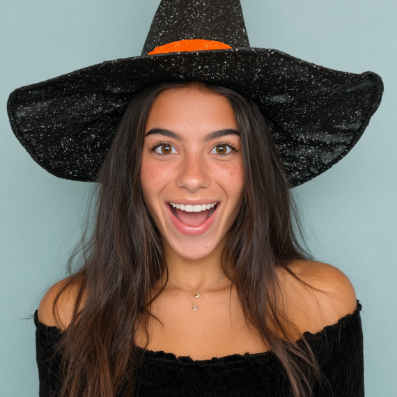 Young woman with long brown hair, smiling widely, wearing a witch's hat and black off-the-shoulder top.