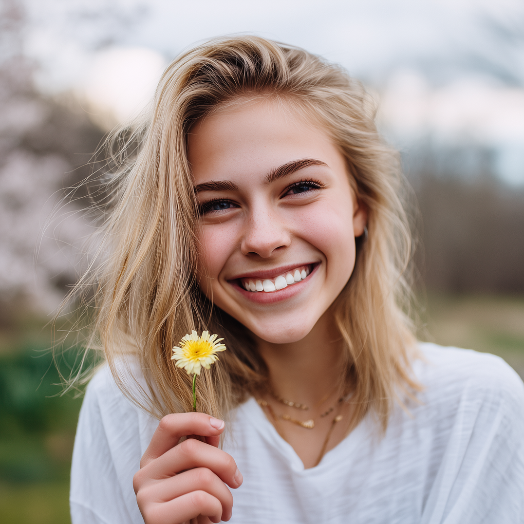 Blonde person with a wide smile holds a small yellow flower, outdoors in natural light.