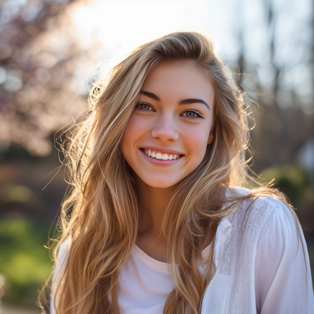 A smiling person with long blonde hair outdoors in soft sunlight, wearing a white shirt against a blurred background.