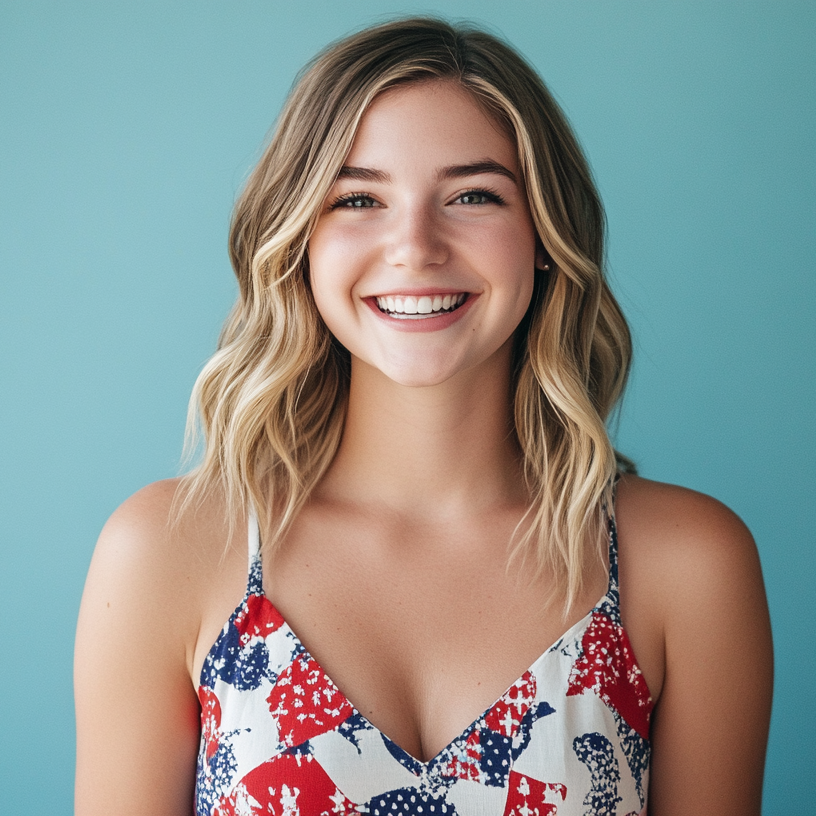 A woman in a red white and blue dress is smiling