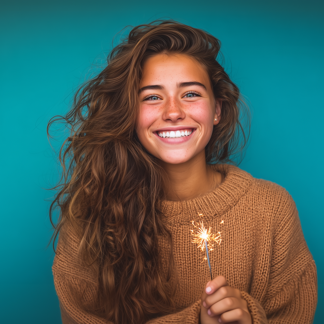 Woman smiling, holding a sparkler, brown sweater, long wavy brown hair, teal background.