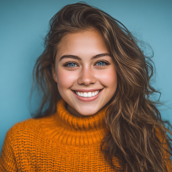 Smiling young woman with long brown hair, wearing an orange turtleneck sweater against a blue background.