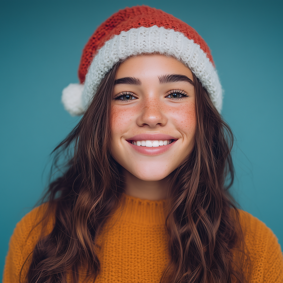 Person with brown wavy hair wearing a Santa hat and orange sweater smiles against a teal background.