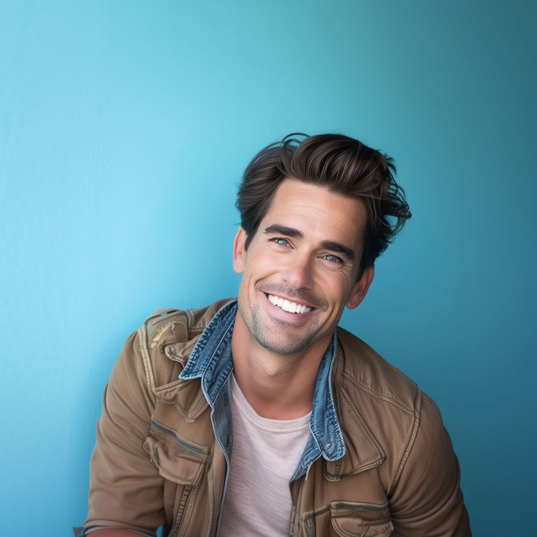 A man wearing a brown jacket and a pink shirt is smiling in front of a blue wall.