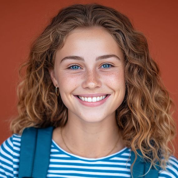 Smiling young woman with curly blonde hair, blue eyes, freckles, and a striped shirt against an orange background, wearing a blue backpack.