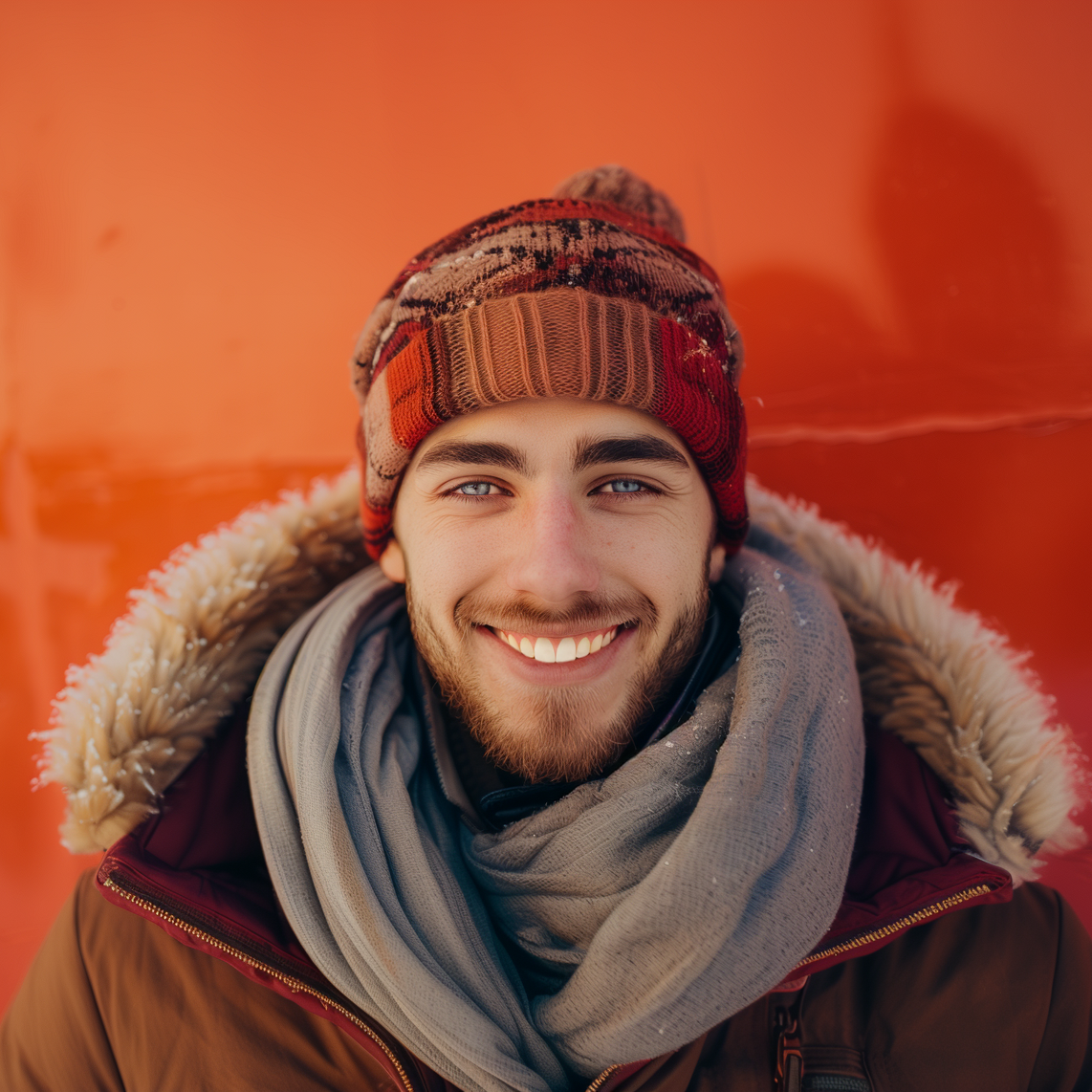 A man wearing a hat and scarf is smiling in front of an orange wall