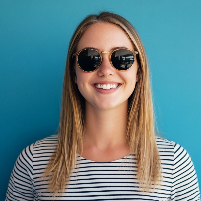 A woman wearing sunglasses and a striped shirt is smiling.