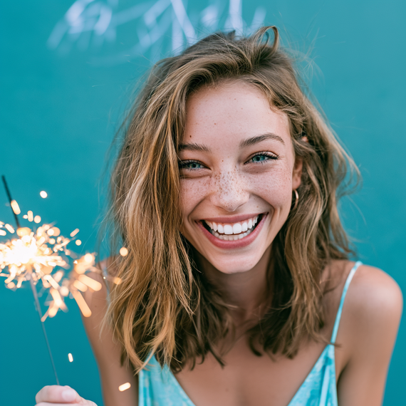 Smiling person holding a sparkler against a turquoise background