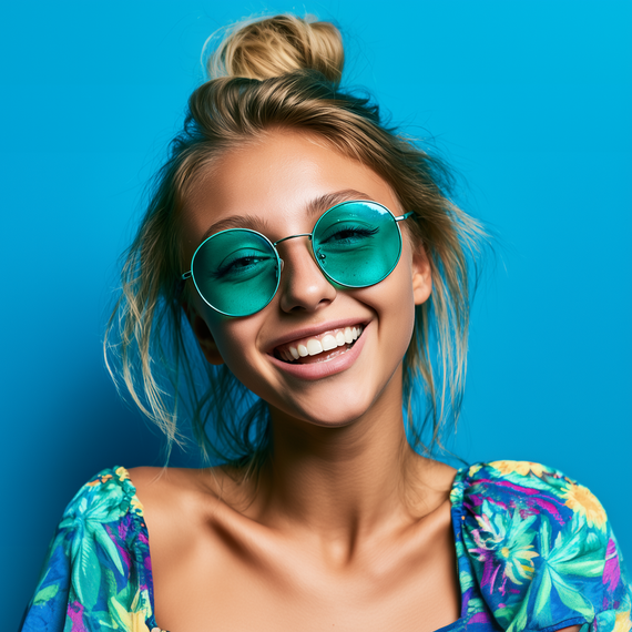 Smiling woman in turquoise sunglasses and floral top against a bright blue background