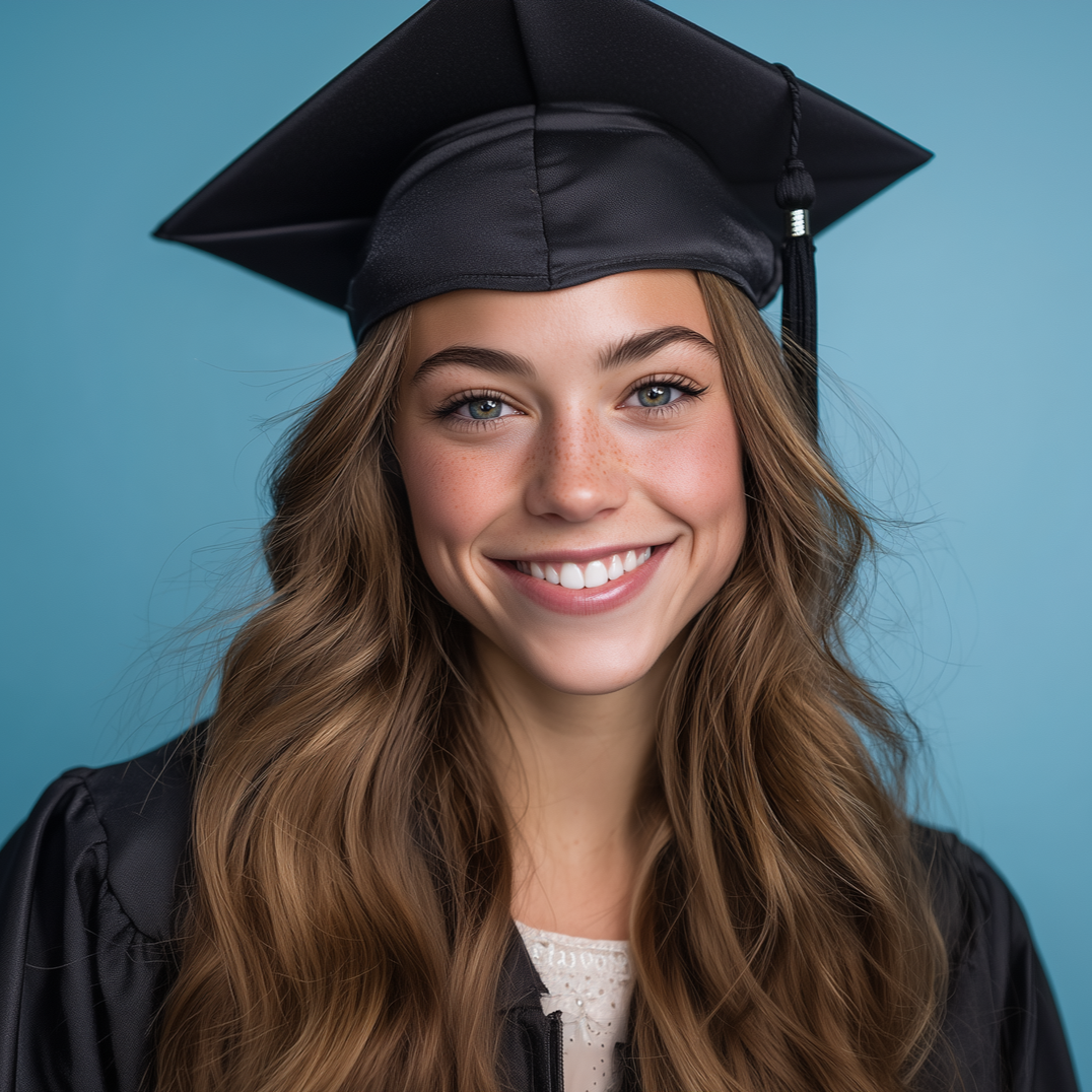Smiling graduate in black cap and gown against a blue background