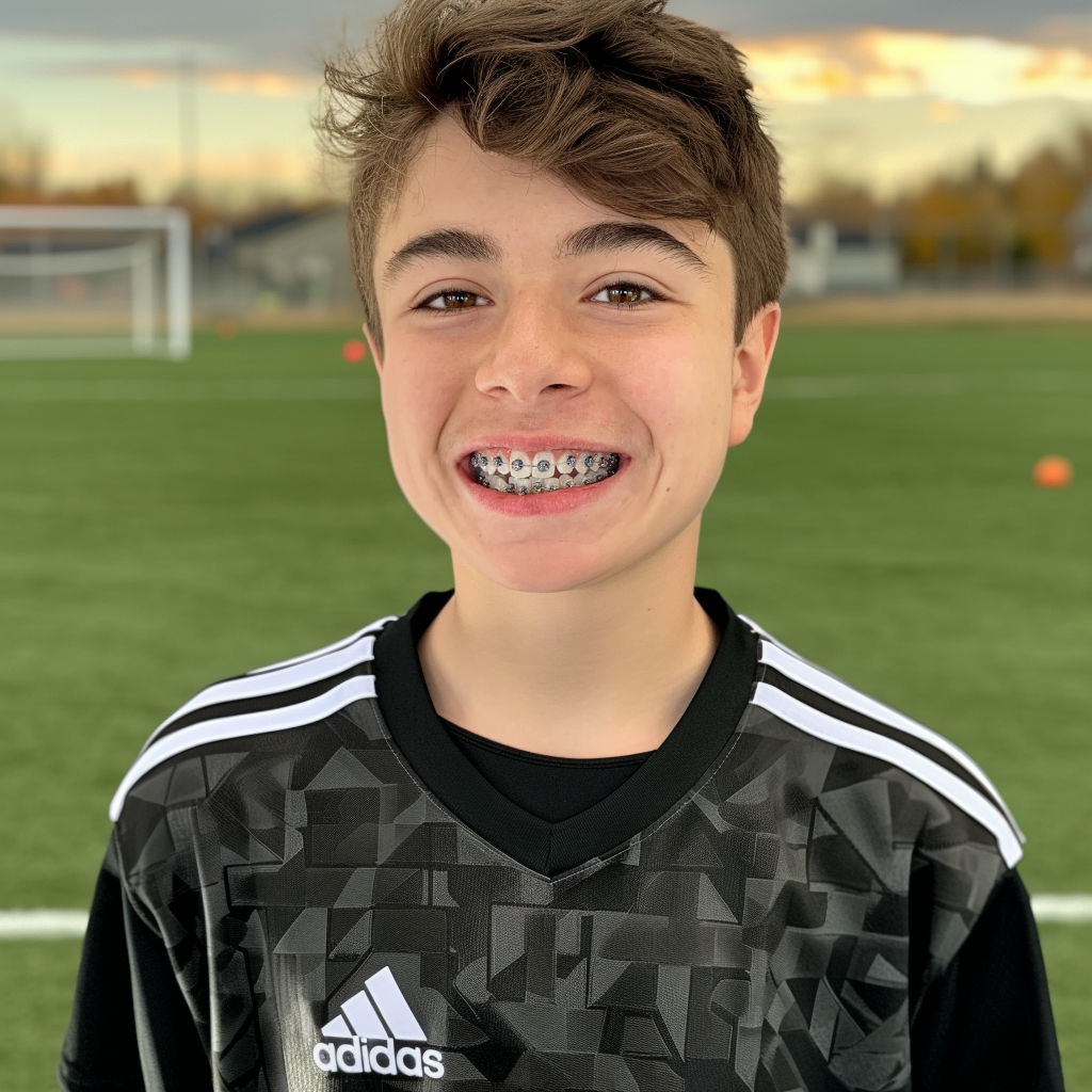 Boy with braces smiles in soccer jersey on a field.
