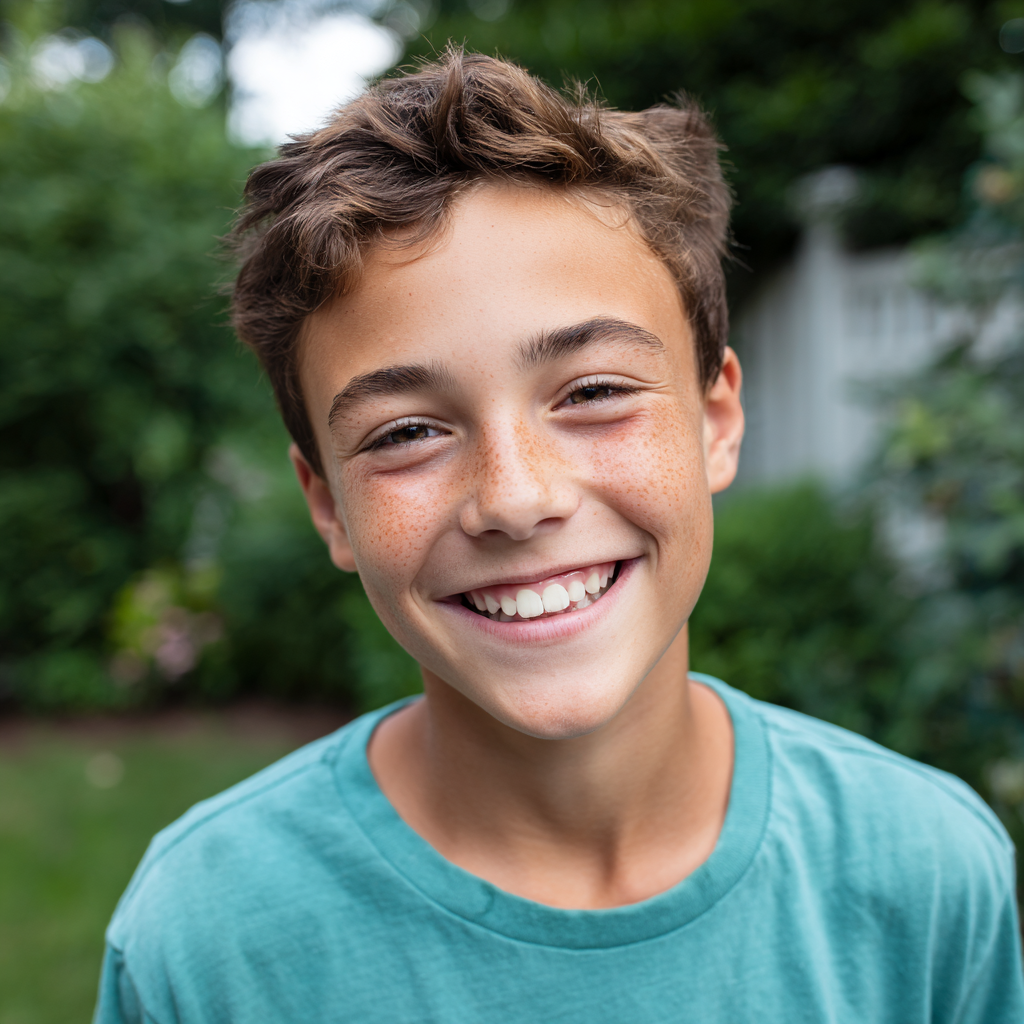 Smiling teen with brown hair and freckles, wearing a teal t-shirt, outdoors in a green yard.
