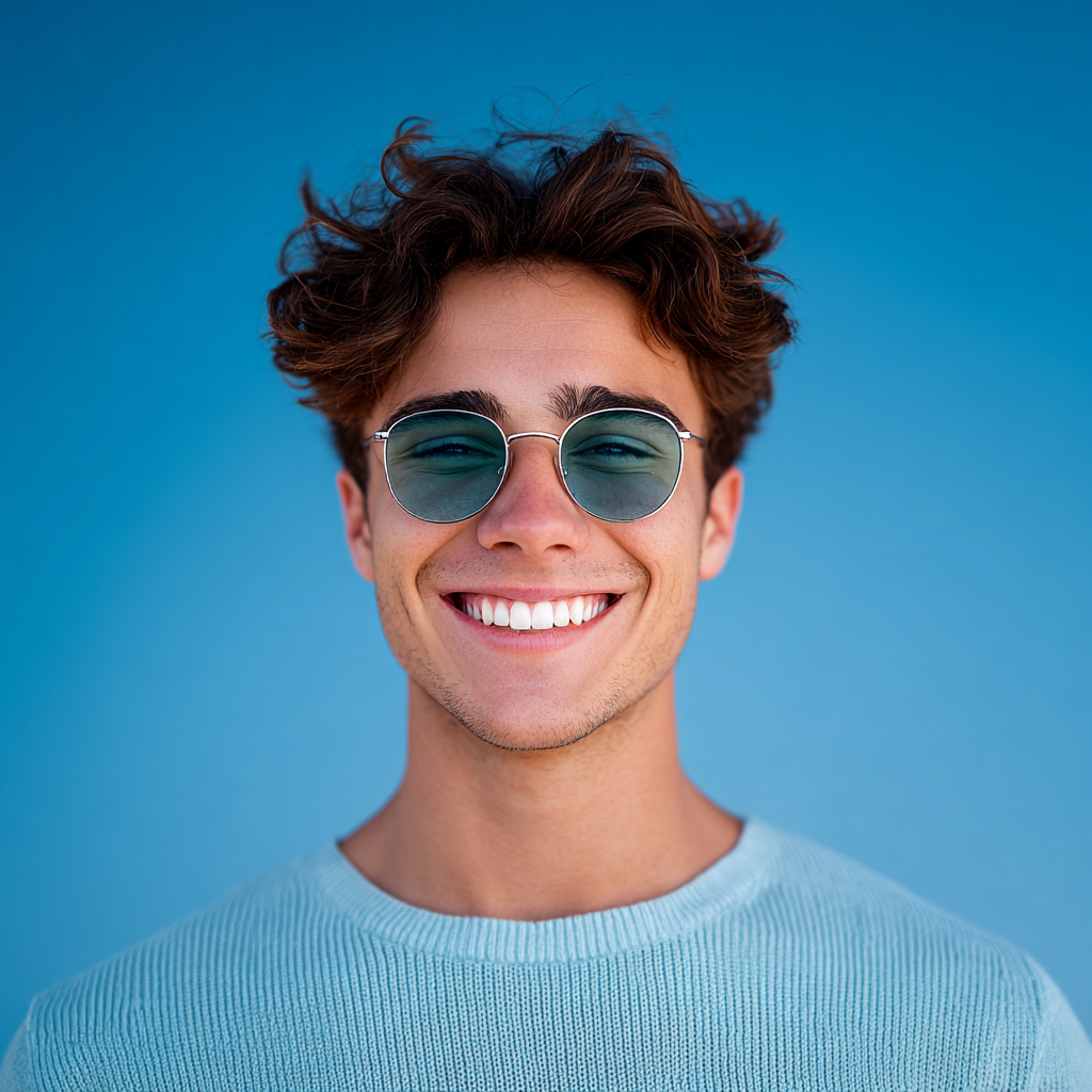Smiling person wearing round sunglasses against a blue background.