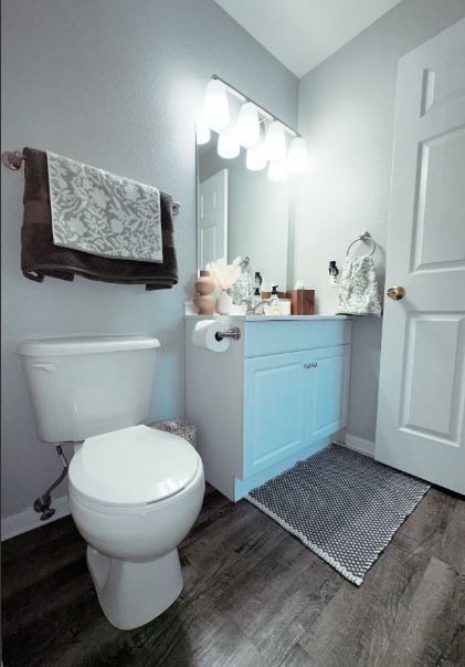 Small bathroom with a toilet, vanity, and a gray patterned rug.