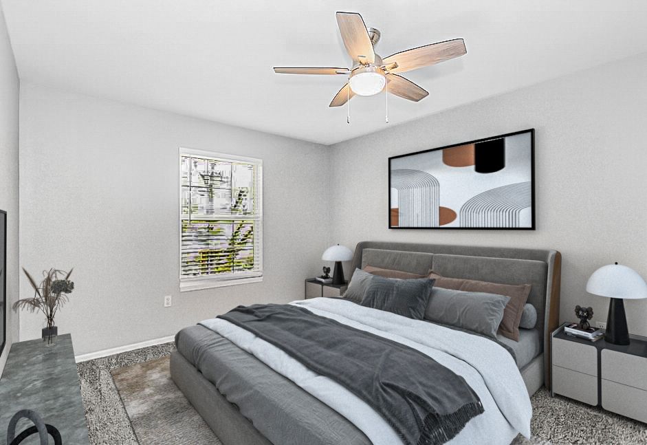 Bedroom with a bed, nightstands, window, and abstract art; neutral colors.