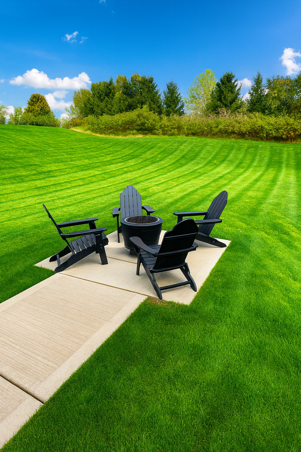 Fire pit with Adirondack chairs on a patio, surrounded by a green lawn under a blue sky.