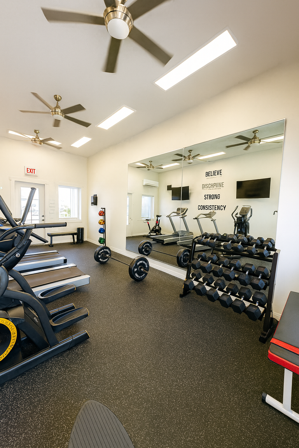 Gym interior: weights, treadmills, mirrors, and ceiling fans in a bright, spacious room.