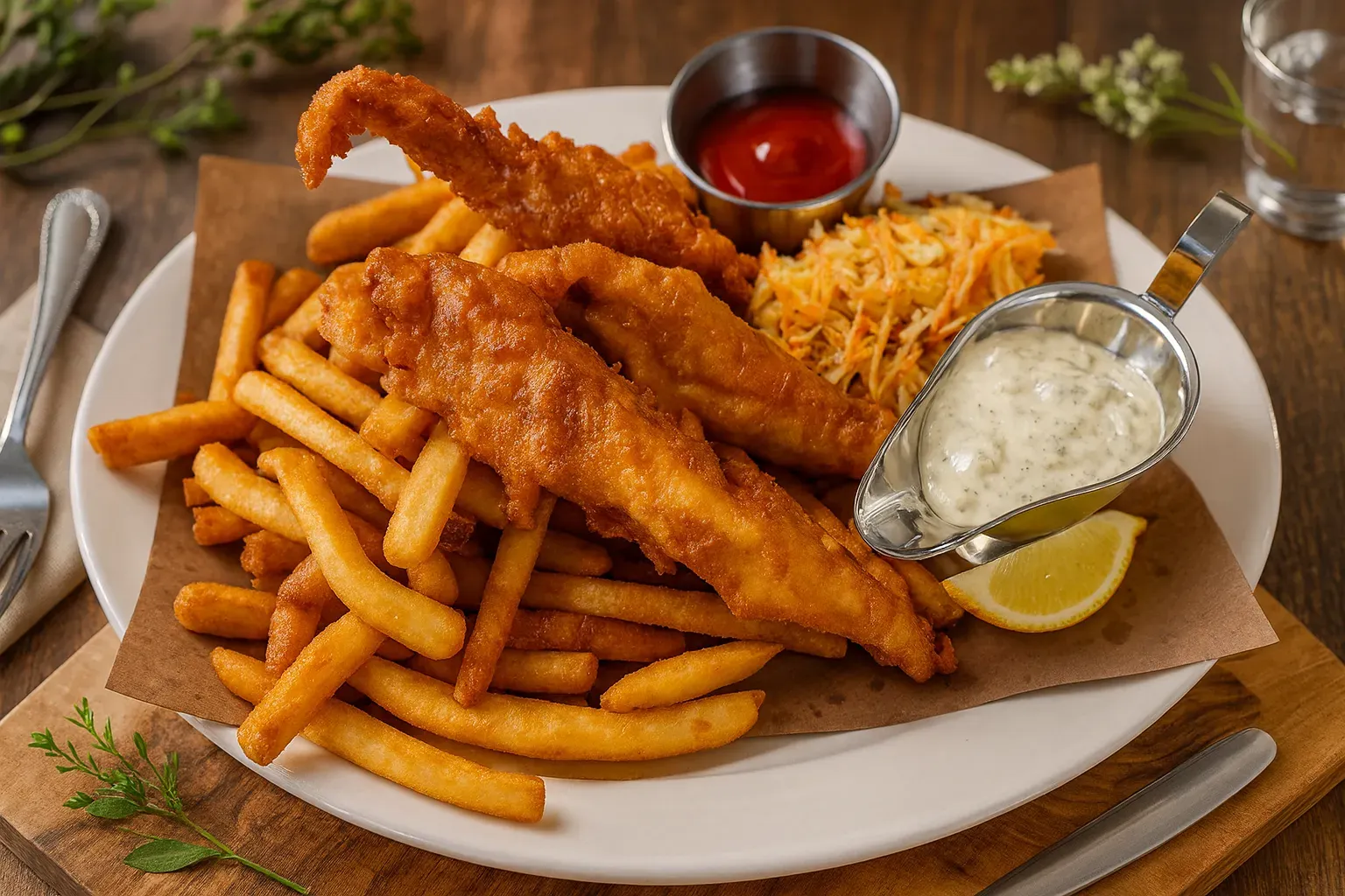 Fish and chips with ketchup, coleslaw, and tartar sauce on a white plate.