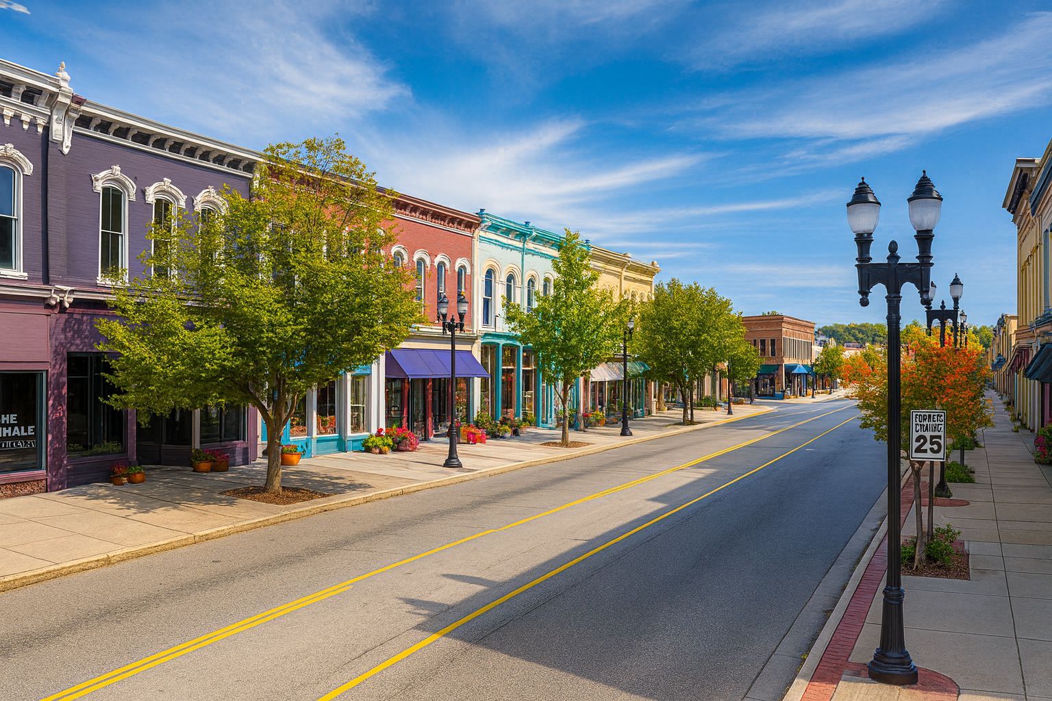 A colorful street with shops, trees, and streetlights under a blue sky with clouds.