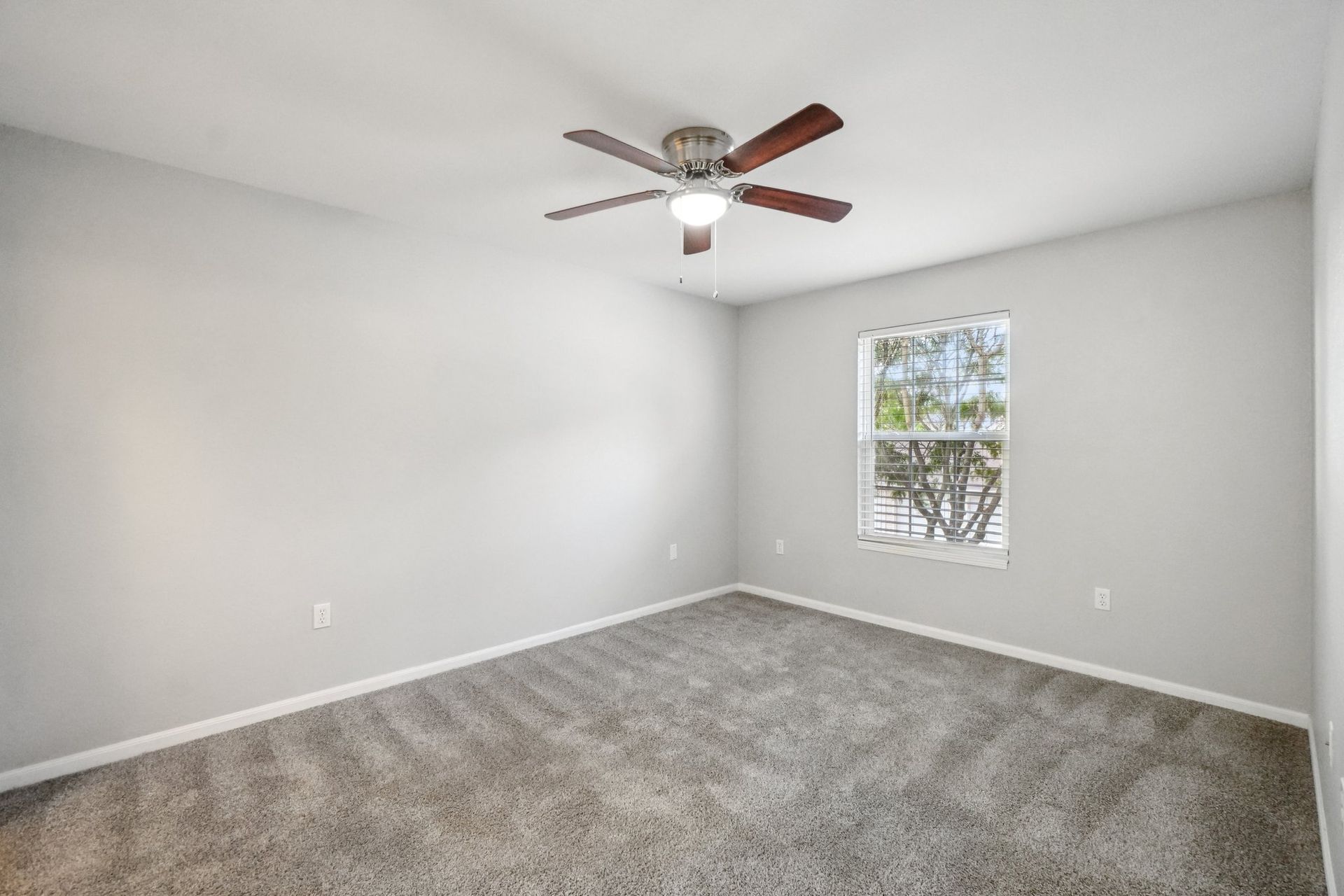Empty bedroom with gray walls, carpet, ceiling fan, and window.