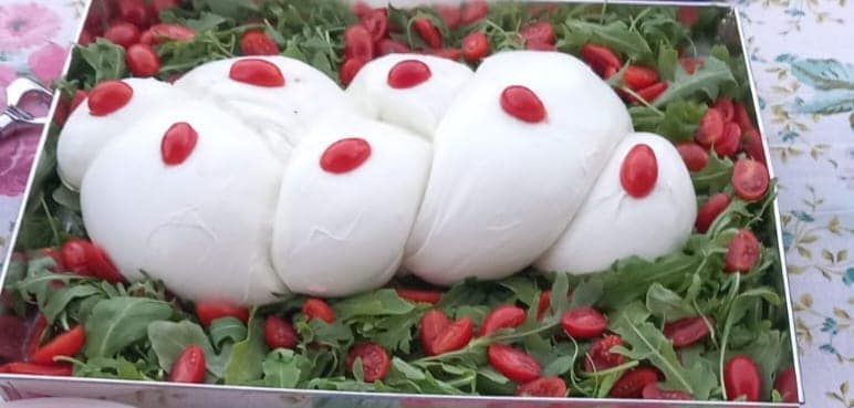 Mozzarella intrecciata con pomodorini, adagiata su rucola, in un vassoio d'argento.
