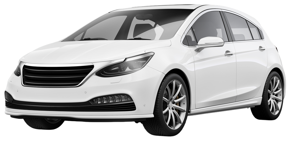 White compact sedan car on a white background, shown in front three-quarter view