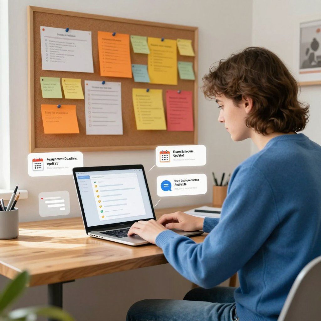 Persona che utilizza il computer portatile alla scrivania, con bacheca; compaiono promemoria del calendario digitale.