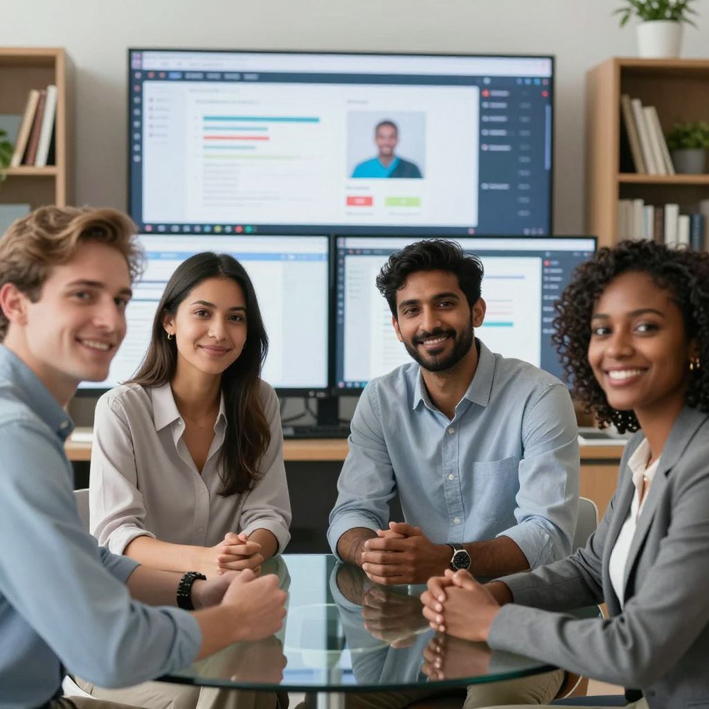 Quattro colleghi sorridono alla telecamera, riuniti attorno a un tavolo con schermi di computer in un ambiente d'ufficio.