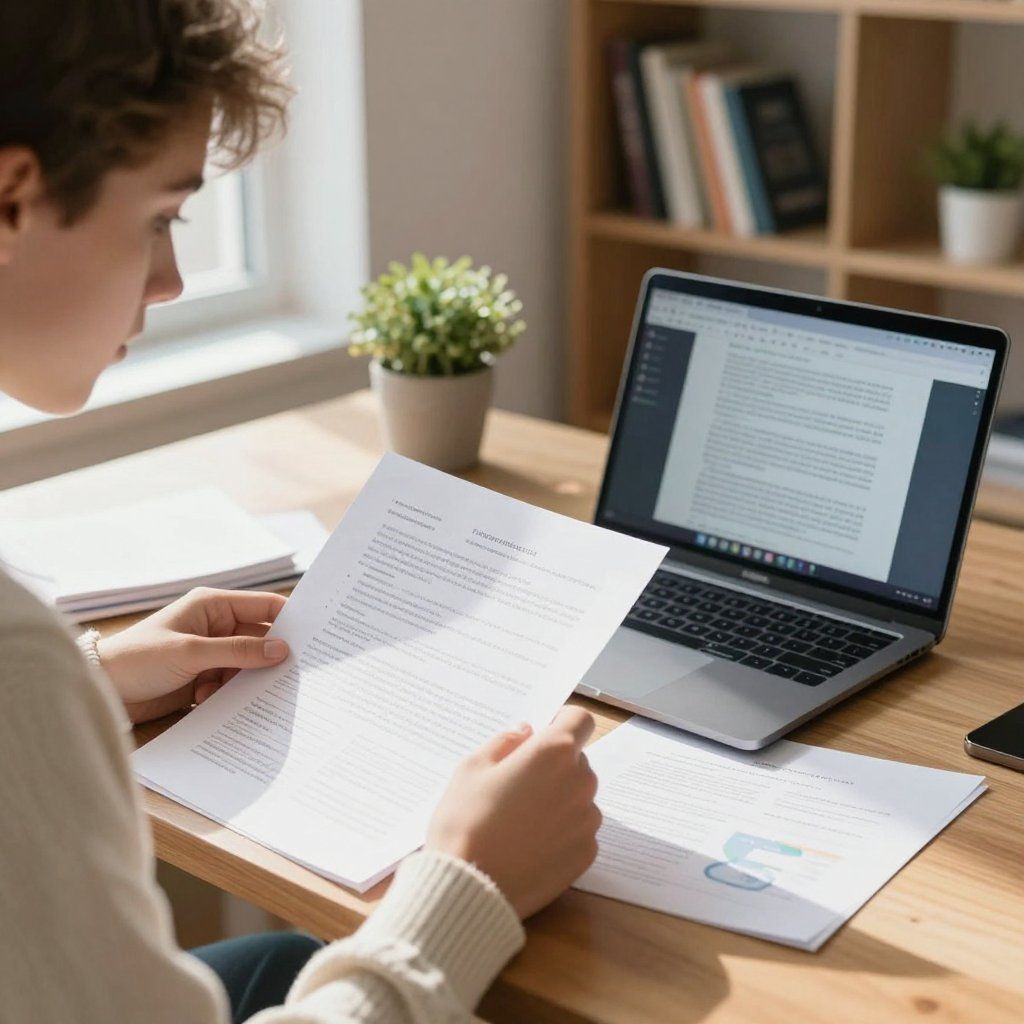 Persona seduta alla scrivania che esamina un documento stampato, con un computer portatile e dei documenti nelle vicinanze.