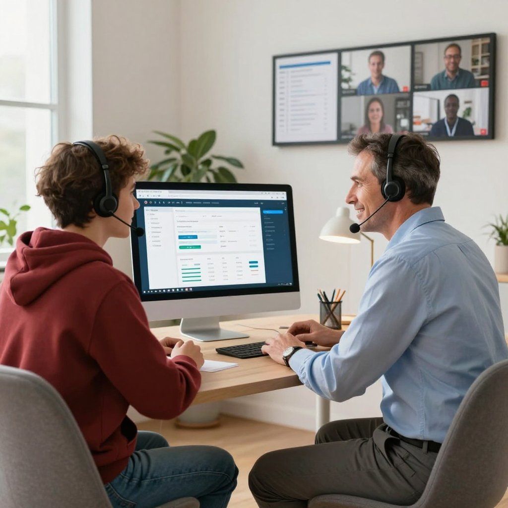 Due persone che indossano delle cuffie guardano un computer durante una videochiamata in un ufficio domestico.