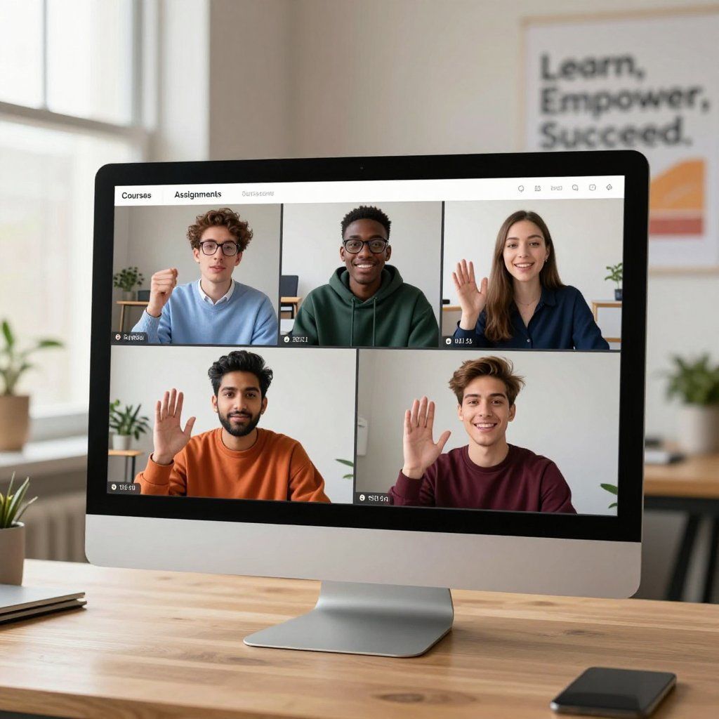 Un computer desktop mostra una videoconferenza con cinque persone che salutano. Si trovano in un ufficio ben illuminato.
