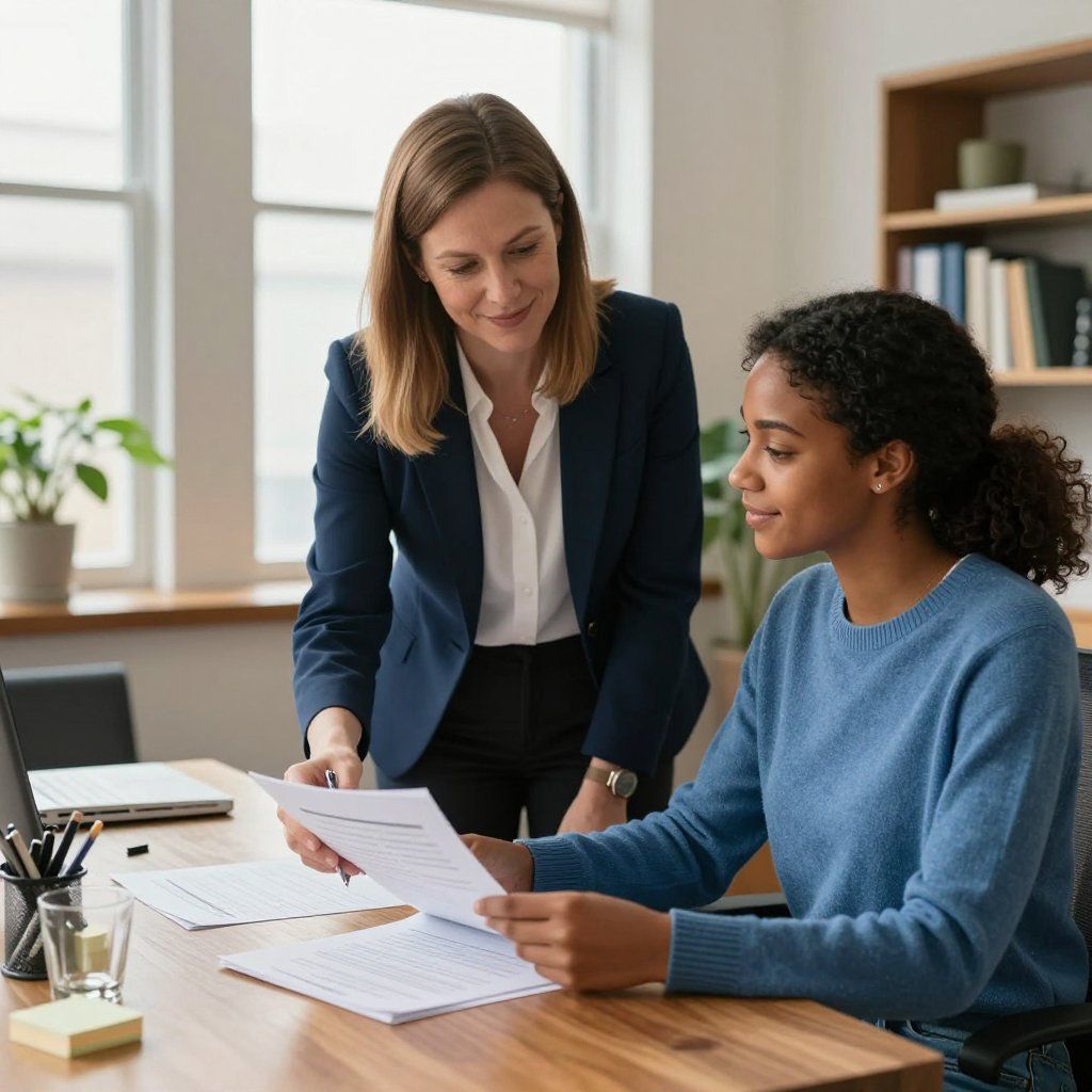 Una donna in blazer aiuta un'altra donna a rivedere dei documenti alla scrivania di un ufficio.