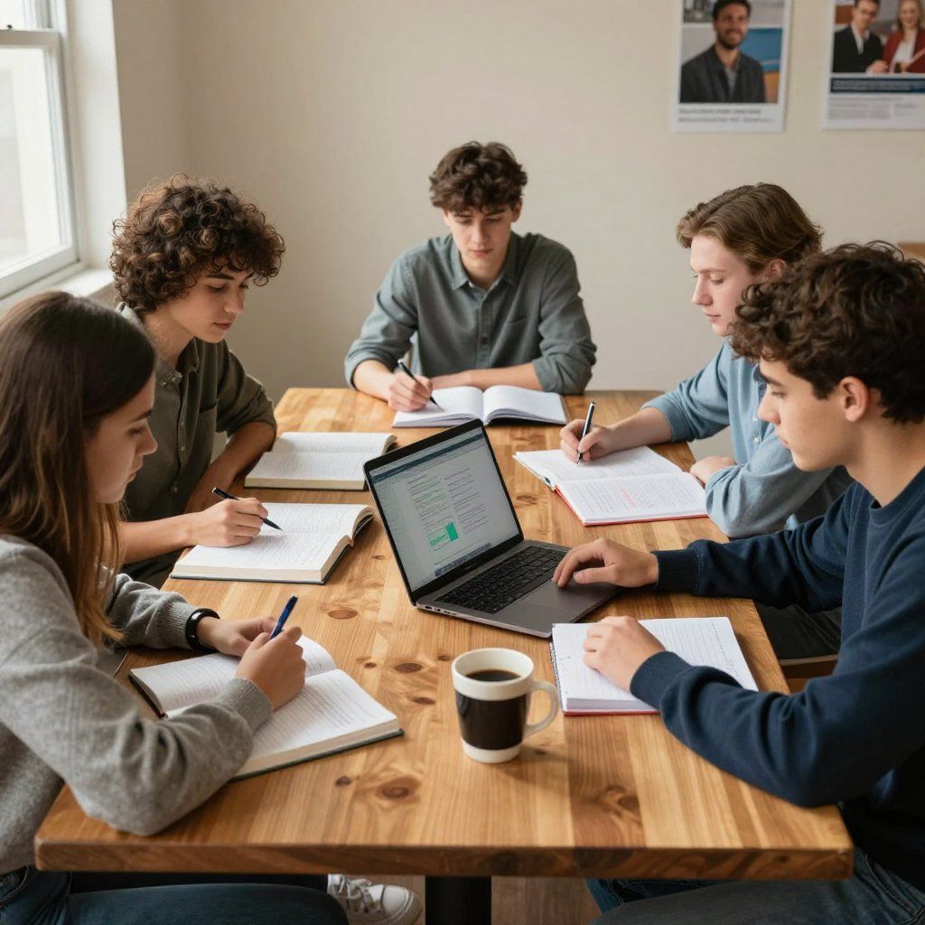 Cinque studenti studiano attorno a un tavolo di legno con computer portatili, quaderni e una tazza da caffè.