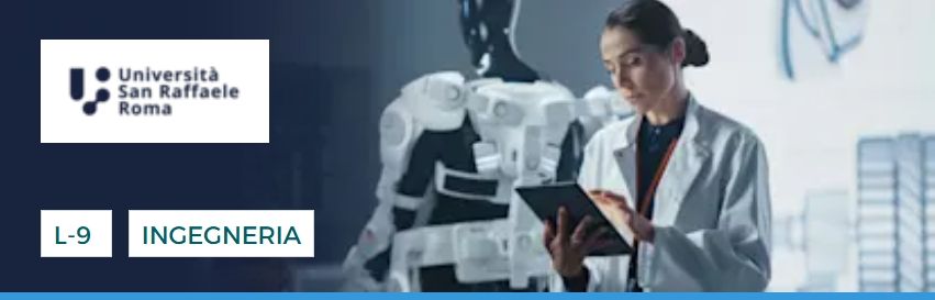 Donna in camice da laboratorio guarda il tablet, con un robot dietro di lei. Logo dell'Università San Raffaele di Roma, sezione 