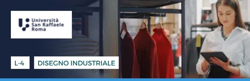 Una donna usa un tablet in un magazzino, con vestiti appesi su degli scaffali. Logo dell'Università San Raffaele di Roma.