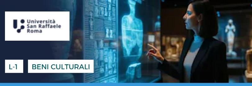 Donna che interagisce con un display digitale di reperti antichi. È visibile il logo dell'Università San Raffaele di Roma.