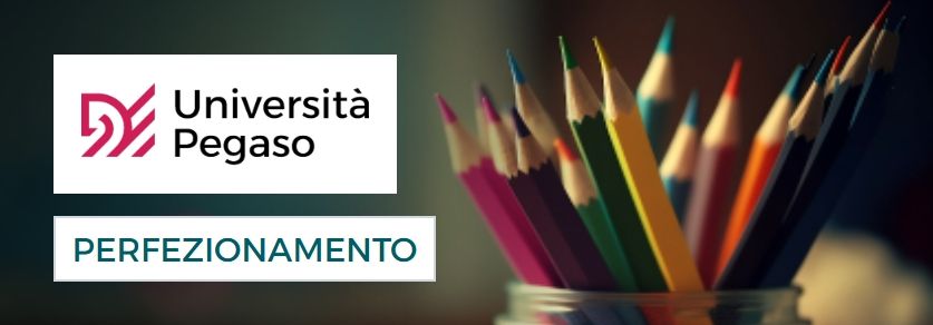 Logo for Università Pegaso with colorful pencils in a jar, text 