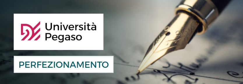 Logo of Università Pegaso next to a fountain pen writing on paper; word 