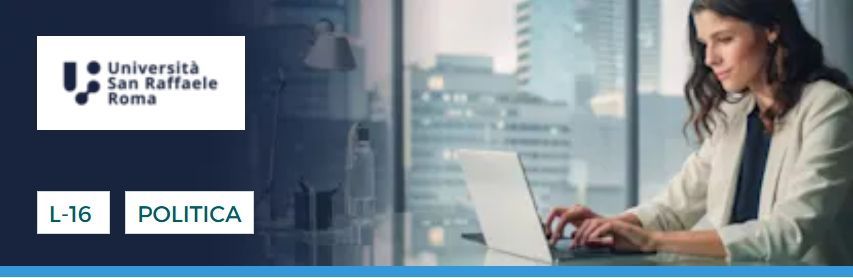 Donna che lavora al computer portatile, con il logo dell'università e il pulsante 