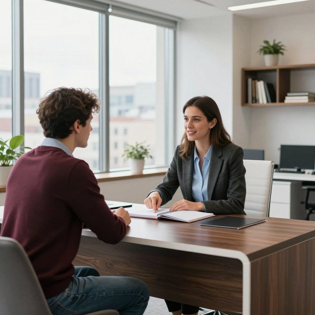 Una donna in giacca e cravatta esamina dei documenti insieme a un uomo in un ufficio.