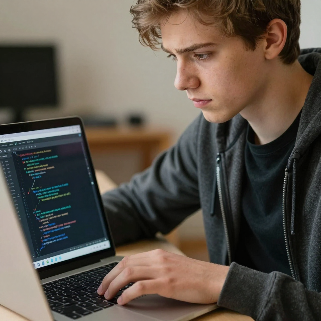 Un giovane con una felpa grigia che guarda intensamente lo schermo di un computer 