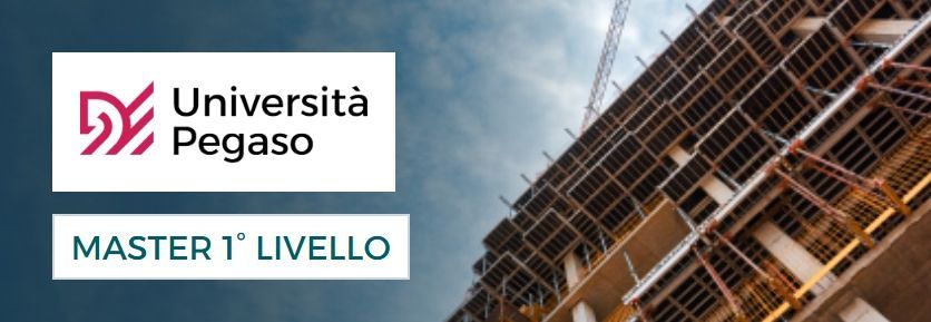 Logo dell'Università Pegaso con striscione del corso di laurea magistrale e, sullo sfondo, edificio in costruzione.