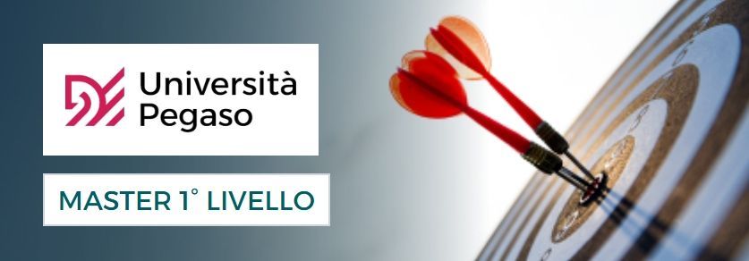 Logo of Università Pegaso next to a dartboard with darts. Text 