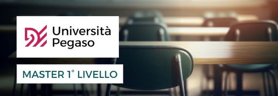 Logo for Università Pegaso over a classroom background. Below is