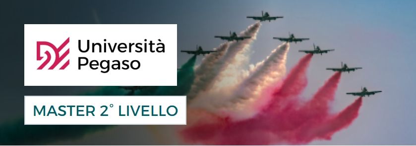 Logo dell'Università Pegaso su uno sfondo di jet che volano e rilasciano fumo nei colori della bandiera italiana.