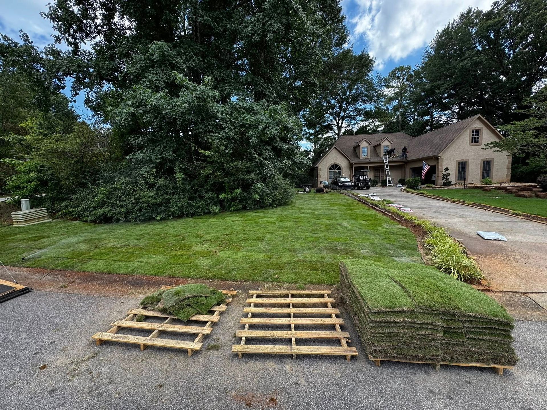 New sod on pallets beside a driveway in front of a house.
