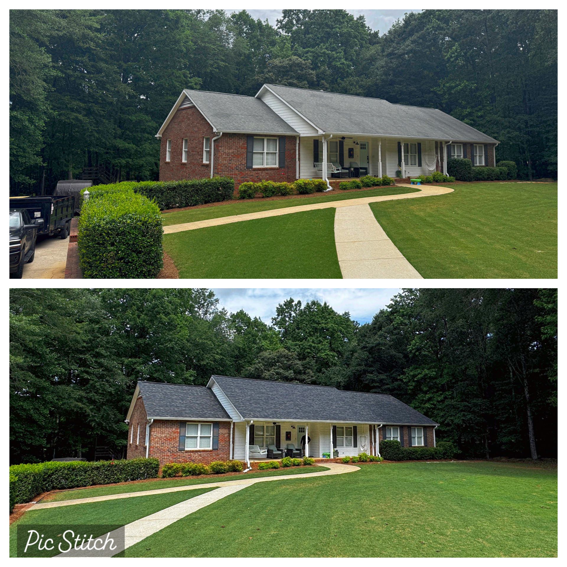 Top: Before house wash. Bottom: After house wash. Brick home with dirty roof, then cleaned with improved curb appeal.