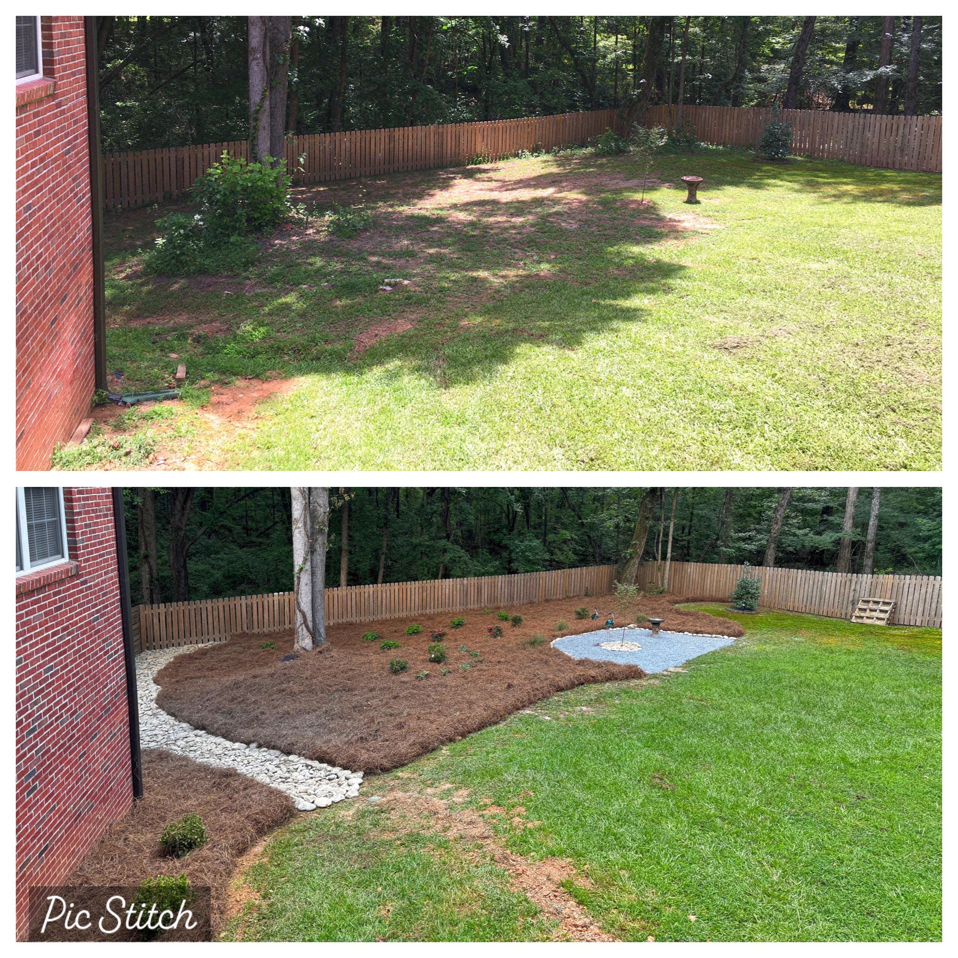 Before and after of backyard landscaping. New mulch and stone border added around a seating area.