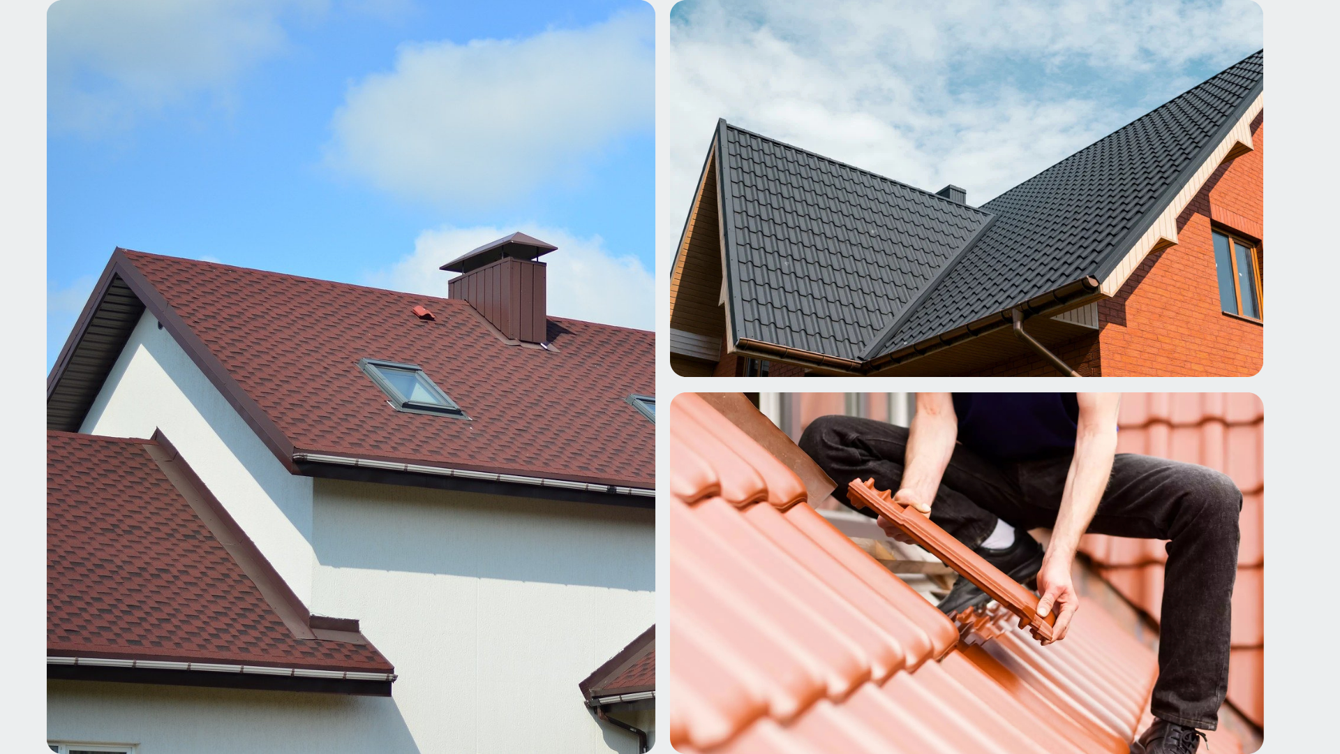 Roofs: brown, black, and red. Person working on the red roof, blue sky, and white house.